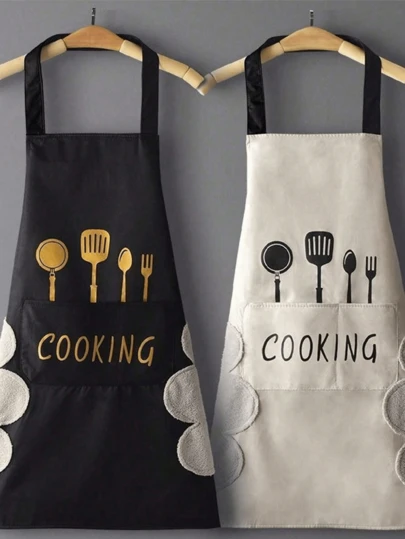 1 pièce Tablier de cuisine imperméable et résistant à l'huile, tissu de travail neutre, imprimé de dessin animé à la mode avec lien à la taille, tablier de cuisine pour femme