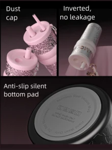 大容量不锈钢保温杯，带提手和挂绳，便携式车载杯，高端设计，女士吸管真空杯 - 彩色 - 查看 8