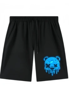 1pcs Men's Melting Bear Print Athletic Set - Matching T-Shirt & Waistband Shorts | All-Over Body Suit For Gym, Casual & Night Out | Machine Washable Sportswear (Spring/Summer) - Blue Neon Glow Design, Comfortable Round Neck & Drawstring Waist, Breathable Fabric For Year-Round Wear, Stylish Matching Outfit For Men With Glowing Bear Print, Ideal For Sports & More - Graphic Tees, Cotton T-Shirts, Casual Tees, Oversized T-Shirts, Cool T-Shirts, Everyday Tees, Basic T-Shirts, Comfy Shirts, Summer Outfits, Mens Clothes, Graphic Tees Men - Black Set - 查看 3