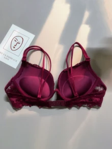 Lace Thick Cup Push-Up Bra | Medium Support, Non-Removable Padding, Underwire Lined, Collegiate Style - Burgundy - View 2