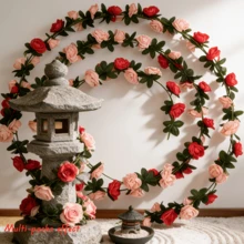 1件人造玫瑰藤蔓，逼真的塑料花环，带绿叶，适合婚礼、情人节、圣诞节、感恩节、周年纪念日装饰！ - 紅色和粉紅色 - 查看 2