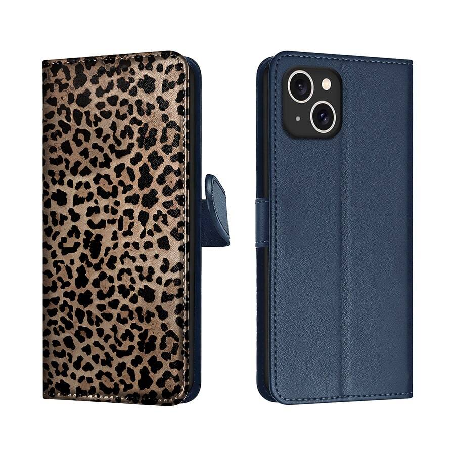 Yellow Background & Black Leopard Print This Patterned, Magnetic Flip-Cover Phone Case With A Built-In Card Slot Is Crafted From Leather And Is Compatible With The  17, 17 Pro Max, 17 Air, 16, 15, 14, 13, 12, And 11 Series Models. It Makes An Ideal Gift For Christmas, New Year's, Valentine's Day, And Easter-A Perfect Choice For Your Boyfriend, Girlfriend, Or Family Members. - 藍色 - 查看 1