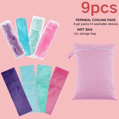 Kit de bolsas de hielo perineales posparto - 4 almohadillas de enfriamiento reutilizables con bolsa de almacenamiento húmedo-seco grande, esenciales de recuperación para parto vaginal y cesárea, regalo para el Día de la Madre, artículos esenciales de cuidado posparto, terapia de frío perineal reconfortante para aliviar molestias e hinchazón después del parto, suministros de cuidado posparto cómodos y fáciles de usar para mujeres