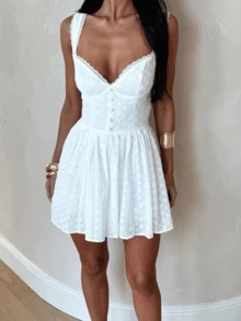 Women's Eyelet Embroidery Bustier Dress Sweetheart Neck Button Front A Line Mini Dress - White - View 5