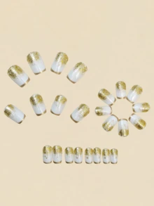 24片白色渐变至乳白色金色闪粉假指甲，方形Y2K风格美甲用品 - 金色 - 查看 3