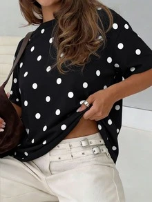 Vaiaye 女士宽松圆领休闲T恤，波点拼接修身短袖T恤，春夏宽松版型T恤，适合情人节穿着 - 蒙特內哥羅 - 查看 1