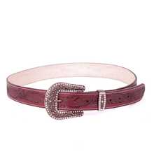 Women's Country Belt Handmade Leather Cowgirl Stonework Printed Feather Buckle Large Rhinestone - 紫紅色 - 查看 7