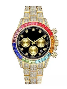 Đồng hồ unisex cao cấp đính kim cương toàn bộ, viền cầu vồng, dây đeo thép mạ vàng, chronograph, máy quartz, phong cách thời trang đường phố hip hop, thiết kế độc đáo, đồng hồ nam quartz, món quà hoàn hảo cho sinh nhật, Ngày Valentine, Ngày của Mẹ, Ngày của Cha. - Nhiều màu - Xem 8