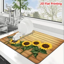 1/10Pcs Sunflower Wood Grain Dish Drying Mat, 2D Flat Printed Super Absorbent Quick Dry Diatom Drain Pad For Coffee Table, Household Kitchen Supplies, Easy To Clean - Yellow - View 12