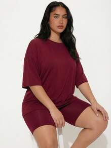 Snug League Conjunto feminino casual de camiseta e shorts em cor sólida com gola redonda, perfeito para o Natal. - Borgonha - Ver 5