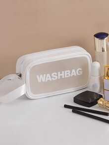 1 pieza Bolsa de cosméticos de PVC transparente de gran capacidad, bolsa de aseo impermeable de PU portátil, bolso de mano de mujer, bolsa de almacenamiento para viajes/Blanco - Blanco - Ver 5