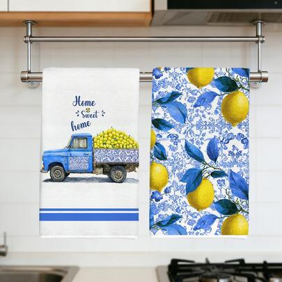 2 Adet Yazlık Minimalist Günlük Kullanım Mavi ve Beyaz Porselen Tarzı Limon Kamyonu ve Limon Desenli Mutfak Havlusu, Yumuşak Polyester Malzeme Bulaşık Bezleri, Mutfak Dekorasyonu, Temizlik, Tatil Partisi Dekorasyonu, Mutfak ve Banyo Gereçleri, Ev Dekorasyonu, Ev Hediyesi İçin Uygundur