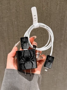 4件套复古朋克蜘蛛图案手机充电器保护套，数据线整理套装 - 20W/18W充电器适配器，适配器头保护套，兼容 11/12/13/14/15/16/13 Pro Max/16 Pro Max/17 Pro Max - 黑色 - 查看 3