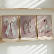 3件套复古天鹅壁画艺术，芭蕾舞鞋，蝴蝶结画，帆布海报，带框或不带框，理想的乔迁礼物，大学宿舍公寓装饰，酒店、家庭、客厅、卧室、浴室和办公室墙面装饰礼品。 - A - 查看 5