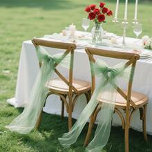 12pcs/Set Wedding Satin Ribbon & Tulle Chair Sash Decor, 20*275cm DIY Bow Knot Celebration Decoration, Solid Color Reusable Washable Outdoor Anniversary Event Supplies, Rectangular - Green - View 6