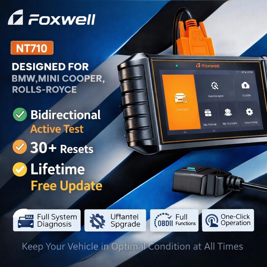 Herramienta de diagnóstico FOXWELL NT710 compatible con BMW, herramienta de diagnóstico de sistema completo con control bidireccional, todos los servicios de reinicio, registro de batería y codificación de ECU, adecuada para BMW/MINI/, actualizaciones gratuitas de por vida