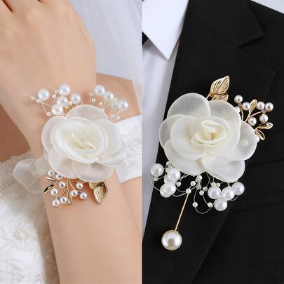 2 chiếc vòng hoa cài cổ tay hình hoa hồng đính ngọc trai và lá vàng thanh lịch dành cho nữ, thích hợp cho phù dâu, khách dự đám cưới, dạ hội, ngày Valentine, trang trí đám cưới, mùa hè, đi biển.