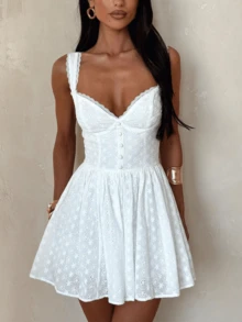 Women's Eyelet Embroidery Bustier Dress Sweetheart Neck Button Front A Line Mini Dress - White - View 3
