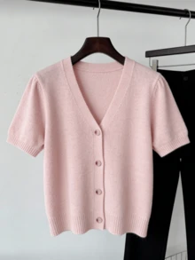 Áo khoác cardigan ngắn tay màu hồng dành cho nữ, nhẹ và thoáng khí, chiều dài tiêu chuẩn, món đồ thời trang thiết yếu cho mùa xuân/hè. - Hồng - Xem 3