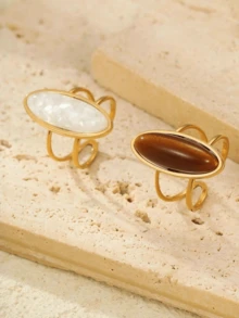 1 chiếc nhẫn sang trọng hình oval bằng thép không gỉ tối giản - trắng - Xem 5