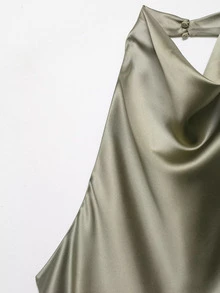 Seelio 夏季新款女式時尚緞面質感優雅掛脖上衣 - 橄欖綠 - 查看 6