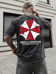 100% Cotton Washed T-Shirt - Unisex -Men's  Vintage Washed Graphic T-Shirt –   Umbrella Corporation Back Logo Print With "OUR BUSINESS IS LIFE ITSELF" Tagline, Gaming & Pop Culture Streetwear, Distressed Grey Casual Tee- Comfortable And Breathable - Round Neck Design - Regular Sleeve Shape - Exquisite Craftsmanship - Retro Pattern Top - Sizes From S To 4XL-230G Weight - Casual Shirt - Suitable For Outdoor Home - Boyfriend And Girlfriend Birthday Gifts - Local Community Stores Offer Fast Delivery, Soft Cotton Comfort Experience, And Special Discounts. Suitable For Easter, Halloween, Thanksgiving, Etc - 黑色 - 查看 9