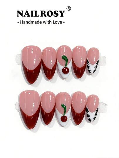 nailrosy 10pcs Red Reusable French Stiletto Fake Nails | Long Cone Oval Faux Manicure | Elegant Minimalist Handmade Acrylic Nail Set | Wedding Nails | Cute Nails | Gift For Her, Essential Nails, Daily Nails, Rhinestone