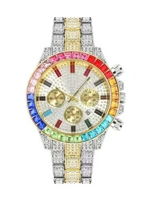 Đồng hồ unisex cao cấp đính kim cương toàn bộ, viền cầu vồng, dây đeo thép mạ vàng, chronograph, máy quartz, phong cách thời trang đường phố hip hop, thiết kế độc đáo, đồng hồ nam quartz, món quà hoàn hảo cho sinh nhật, Ngày Valentine, Ngày của Mẹ, Ngày của Cha. - Nhiều màu - Xem 2