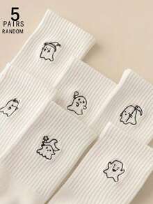 5 pares de calcetines de media caña para mujer de Halloween con patrones aleatorios de sombrero de bruja, diablo, guadaña y monstruos lindos, casuales, transpirables y que absorben la humedad, color blanco - Multicolor - Ver 9