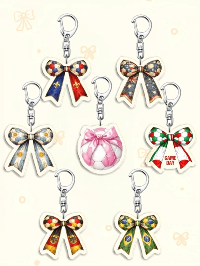 1个/7个2026世界杯复古风蝴蝶结亚克力钥匙扣，可爱复古足球钥匙圈，带有法国、阿根廷、意大利、德国、巴西、英国和美国国旗图案，是送给足球迷的礼物，可挂在包包、背包、车钥匙上。非常适合送给男朋友、女朋友、家人、老师，也是派对礼物和毕业礼物的理想选择。