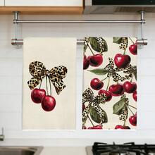 2 piezas Paños de cocina vintage con estampado de leopardo, lazo y cereza, de material de poliéster suave, adecuados para la decoración de la cocina, limpieza, decoración de fiestas, artículos esenciales de cocina y baño, decoración del hogar, regalo de inauguración de la casa - Multicolor - Ver 7