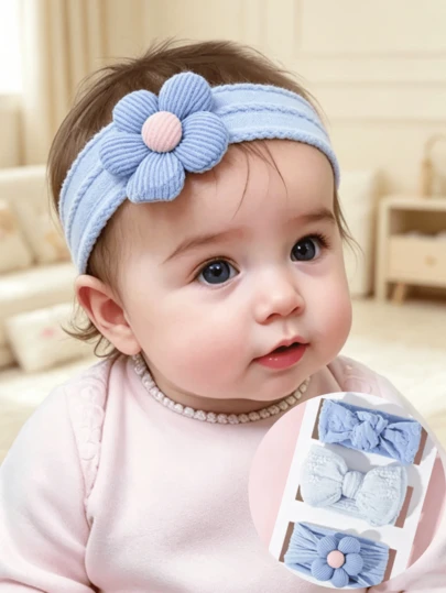 3pcs/Set Baby Girls' Fresh & Sweet 5-Petal Lace Bow Nylon Elastic Soft Headbands, Suitable For Daily Use (Excluding Paper Card, For Display Only)