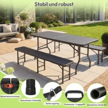 DEVOKO - Juego de muebles de jardín plegables con mesa y 2 bancos, aspecto de ratán HDPE, mesa de comedor impermeable para exteriores, ideal para camping, patio y jardín. - Negro - Ver 5