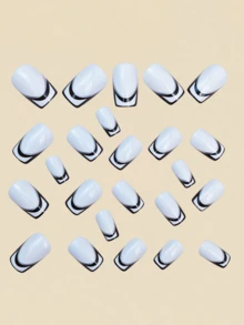 24片装黑白法式V形可穿戴盔甲按压式假指甲美甲用品Y2k美甲方形美甲 - 白色 - 查看 3