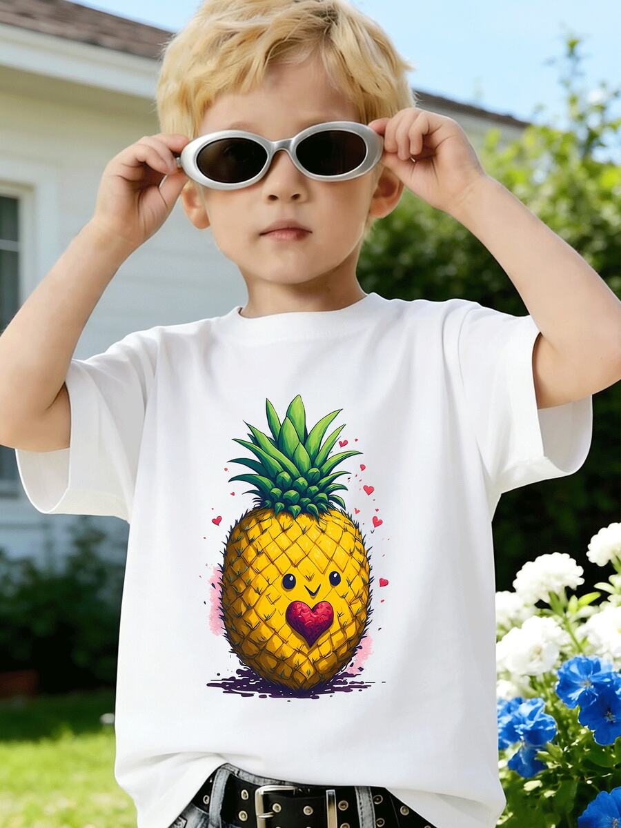 Cute Pineapple Graphic Boys Cotton Printed TShirt,Fun Summer Casual Style, Soft Breathable Fabric For Comfort And SelfExpression, Ideal Gift For Active Young Boys - 白色 - 查看 1
