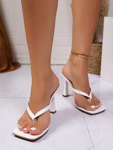 Plus Size Summer New Soft Leather Square Toe Sandals, Thong Kitten Heel Sandals, Versatile Slim Strap Flip Flops For Women - White - View 4