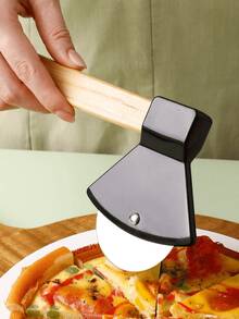 1pc Stainless Steel Axe Shaped Pizza Cutter With Bamboo And Wood Handle, Creative Round Pie Knife - Multicolor - View 2