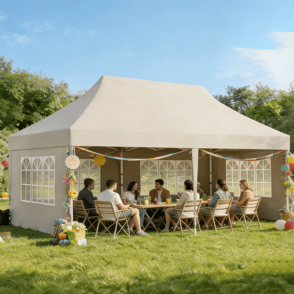 DEVOKO Pop-Up Folding Pavilion, 3 X 3 M, Waterproof, Windproof Sunshade Pavilion For The Garden With Removable Side Panels For UV Protection - Beige - View 1