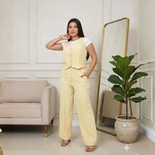 Conjunto Feminino Alfaiataria Colete e Calça Pantalona Elegante Casual Chic Moderno  Casual  elegante  Conservador / modesto  Festa    Tecido    Botões na frente  Cintura franzida    Conjunto Social Feminina  Escritório  Festa do chá de bebê  Formal e Noturno  Férias  Casa    verão, primavera e outono - Amarelo - Visão 2