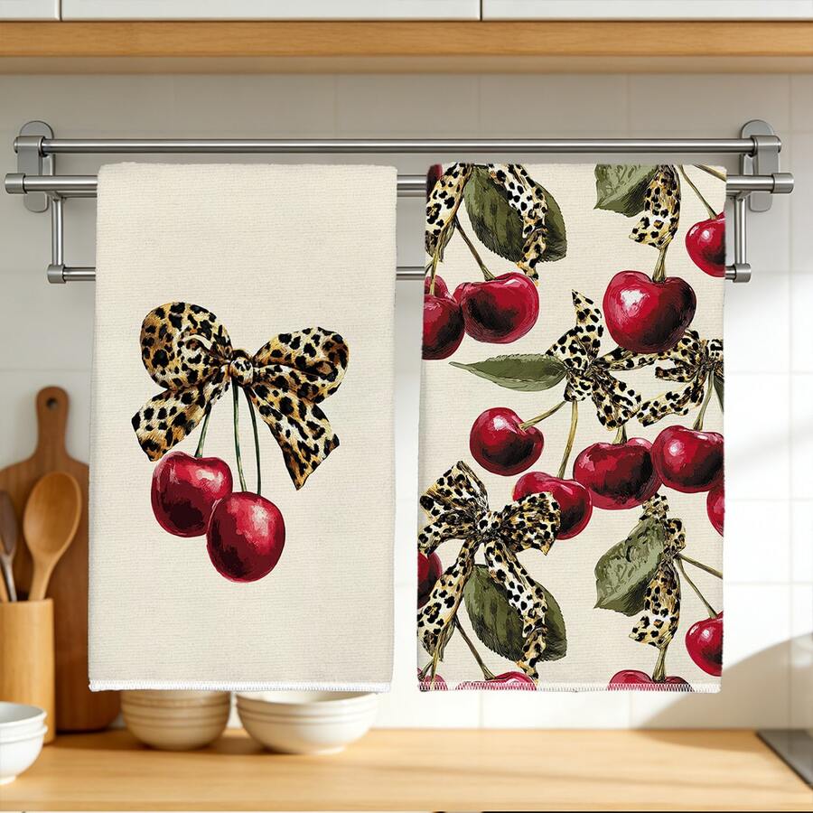 2 piezas Paños de cocina vintage con estampado de leopardo, lazo y cereza, de material de poliéster suave, adecuados para la decoración de la cocina, limpieza, decoración de fiestas, artículos esenciales de cocina y baño, decoración del hogar, regalo de inauguración de la casa - Multicolor - Ver 1