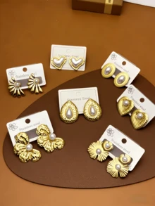 OBOVAY 12pcs/6 Pairs Vintage Gold-Plated 304 Stainless Steel Pearl Earrings, Hypoallergenic 304 Stainless Steel Heart Flower & Teardrop Design Earrings, Fashionable Versatile Pearl Earrings, Elegant Retro Style Jewelry, Suitable For Daily, Holiday, Party Wear - Gold - View 2