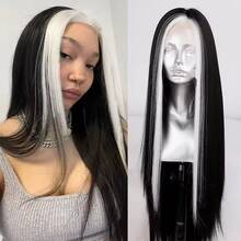 13x4 黑白挑染假发，长款柔顺直发，合成蕾丝前假发，适合女性，自然发际线，日常佩戴 - 彩色 - 查看 5