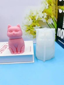1个新款3D可爱坐姿猫硅胶蜡烛模具，DIY卡通猫形香薰石扩散器模具，家居桌面装饰配件 - A-白色 - 查看 3