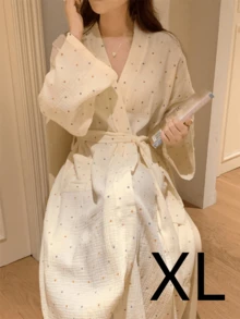 女士睡袍，欧美简约长袖睡衣，新款春秋季米色可爱波点长袖薄款纯色睡衣家居服 - 多色 - 查看 15