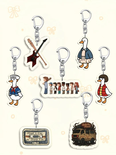 1 قطعة/7 قطع سلسلة مفاتيح أكريليك ذات موضوعات جميلة، حلقة مفاتيح كرتونية كاواييي مزينة بتصاميم "سكوبس أهوي"، "صبي الغطس بيتزا"، "جيتار إيدي وشريط الكاسيت"، هدية مثالية لمعجبي المسلسلات التلفزيونية للحقائب والحقائب الظهر ومفاتيح السيارة. مناسبة للأصدقاء والصديقات وأفراد العائلة والمعلمين وهدايا الحفلات، وديكورات هواتف EYEKONS.