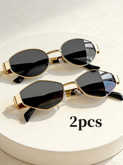 2 piezas Gafas de moda para mujer con marco metálico ovalado, nuevas gafas decorativas de estilo Y2K con forma de polígono