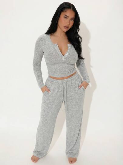 Snug League 2pcs Set Women Long Sleeve Solid Color Top And Pants Suit, Spring/Autumn/Winter, Two Pieces Set Cozy Outfit, Fall Clothes