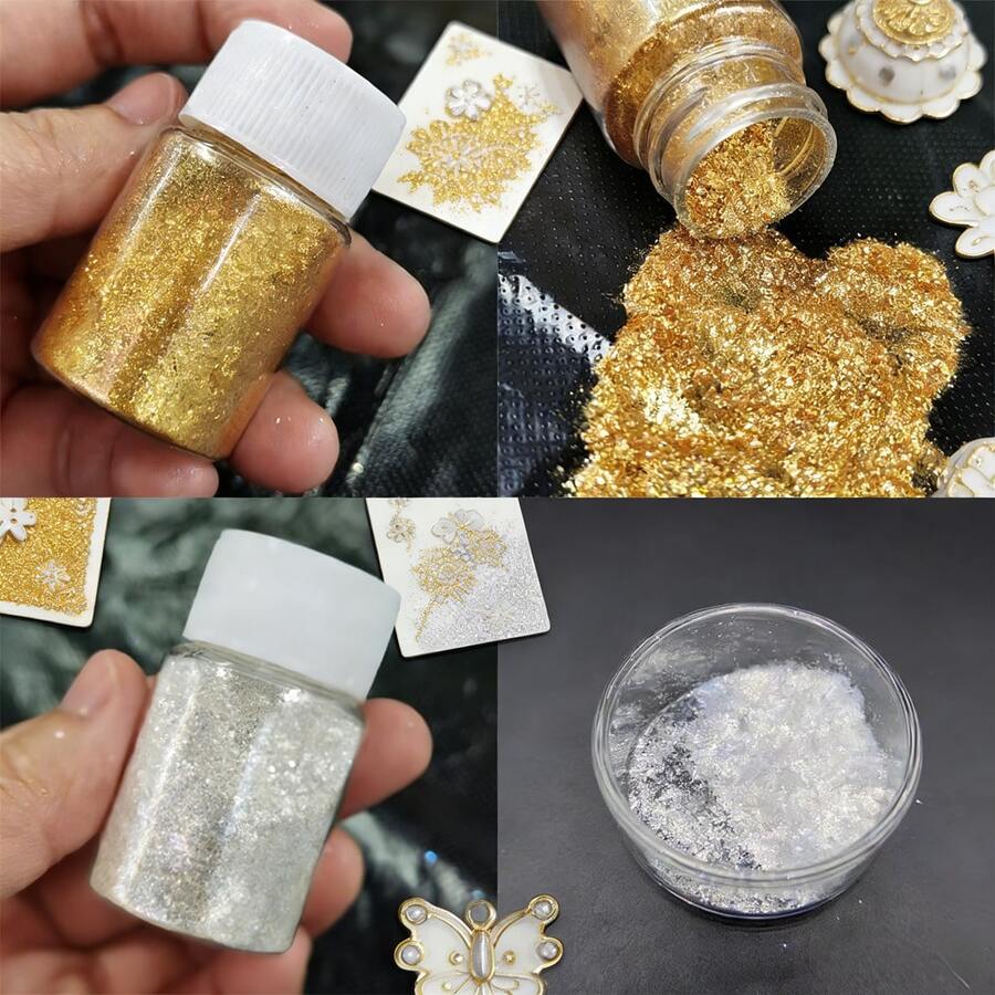 Dofuny 2件/套 亮金色+水晶白钻石云母珠光粉，DIY美甲颜料，适用于环氧树脂、肥皂制作、珠宝工艺、美容用品