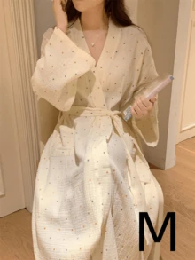 女士睡袍，欧美简约长袖睡衣，新款春秋季米色可爱波点长袖薄款纯色睡衣家居服 - 多色 - 查看 12