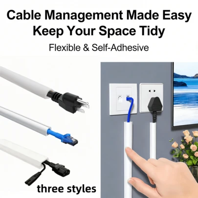 1 ống dẫn cáp 118,11 inch dùng cho bàn làm việc và treo tường, ba kiểu dáng nhỏ gọn, tự dính, chống vấp ngã, nắp che dây điện và cáp mạng gắn nổi trang trí vô hình, ống dẫn quản lý cáp mềm.
